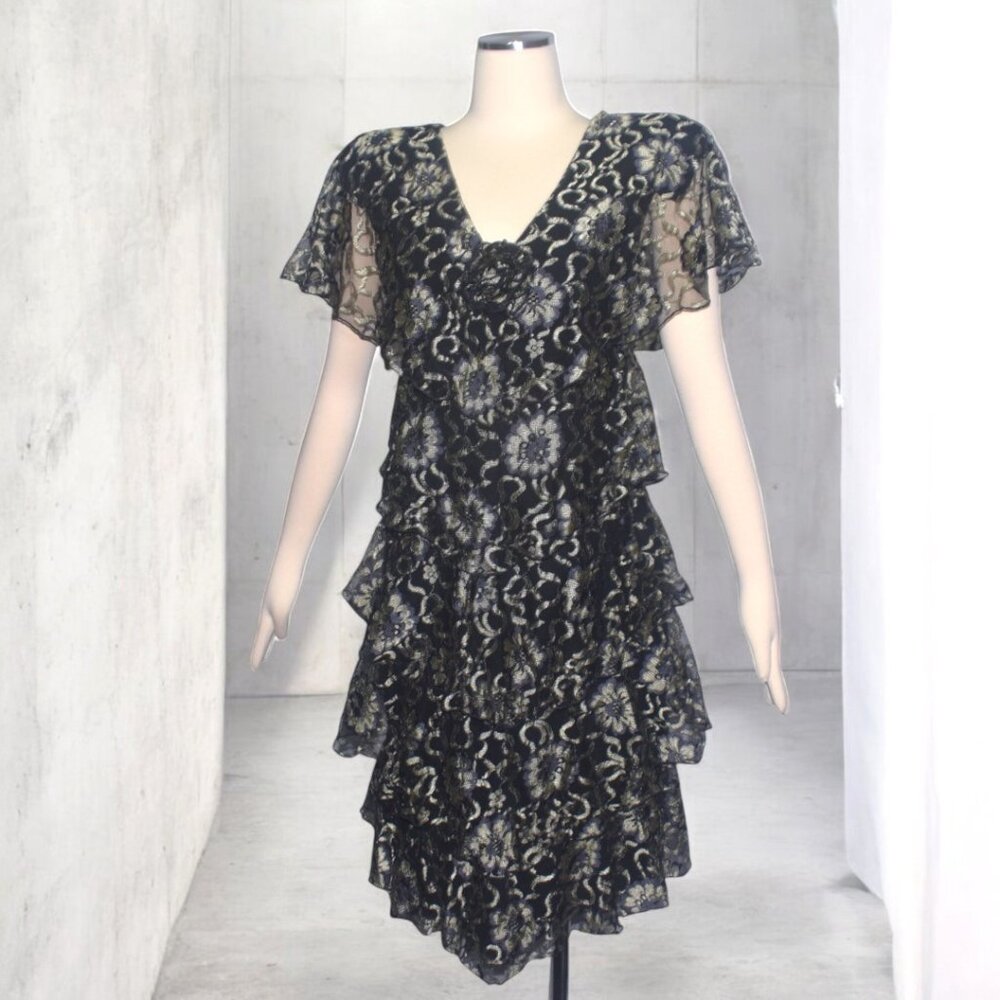 1980s Glam Holly's Harp Ruffled Lace Dress Black Light Gold Tiered Party Dress S